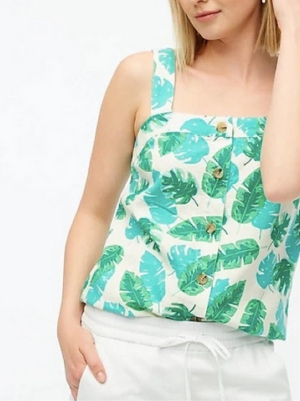 J. Crew Palm Leaf Print Linen Blend Button Front Tank Size XS